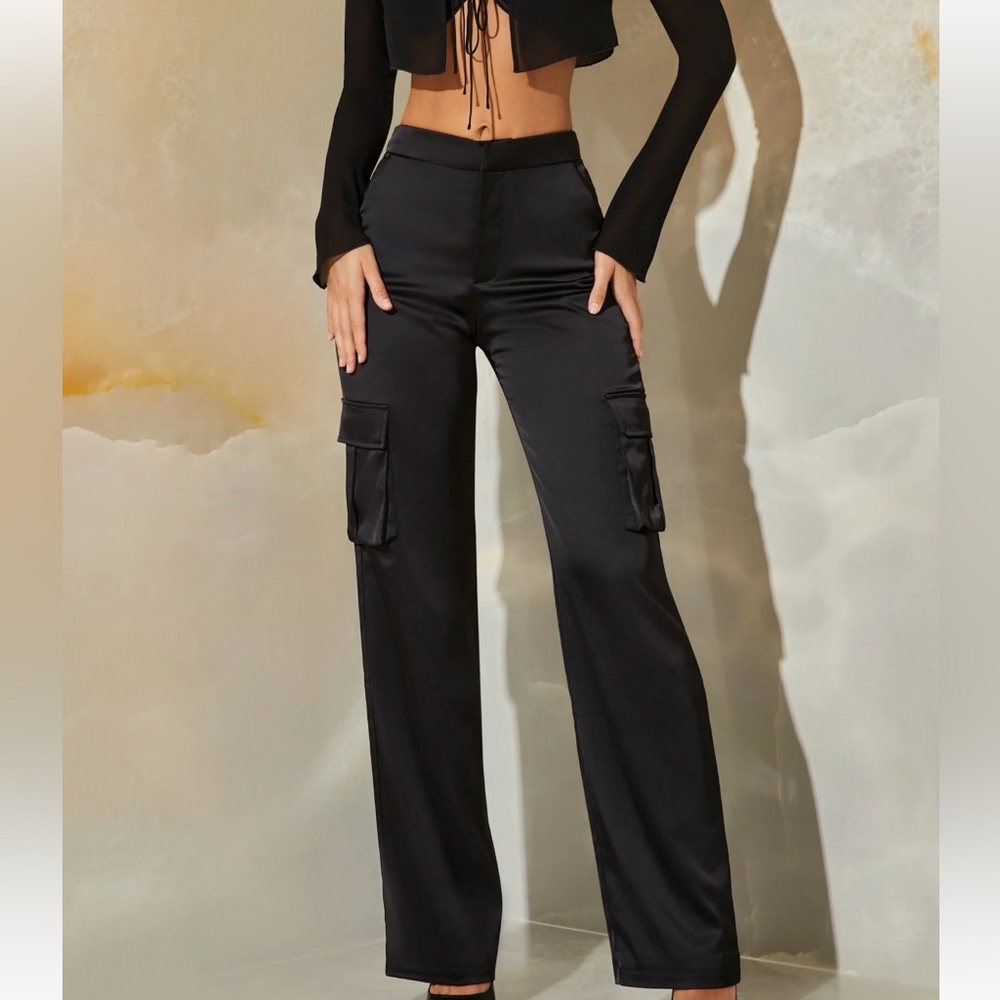 oh Polly satin straight leg cargo trousers